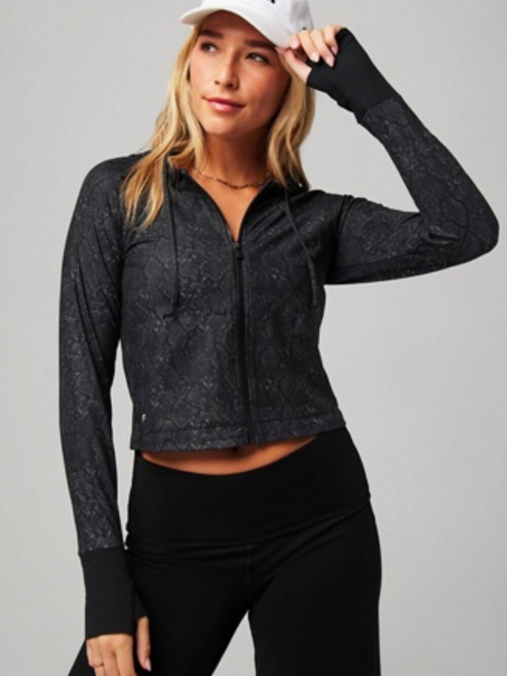 Fabletics Black Charcoal Snakeskin Cropped Hoodie
